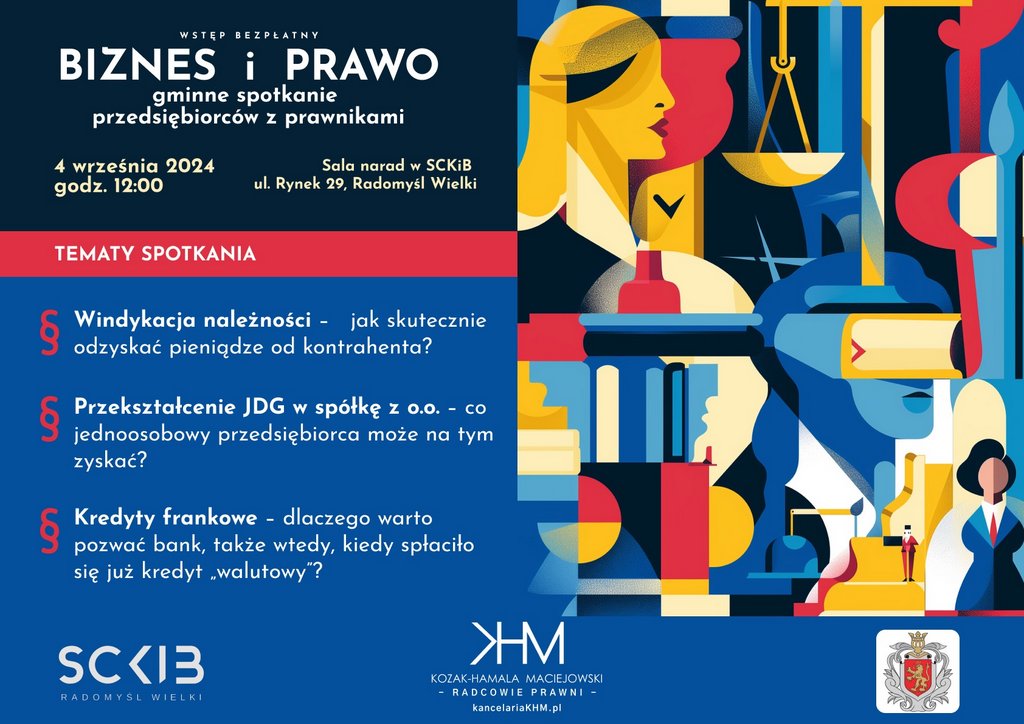 Plakat informujący o spotkaniu prawników z przedsiębiorcami