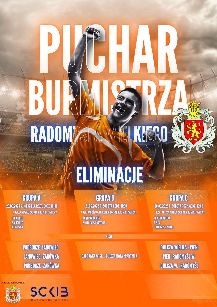 Plakat informujący o meczach eliminacyjnych Gminnego Turnieju Piłkarskiego o Puchar Burmistrza Radomyśla Wielkiego. 
