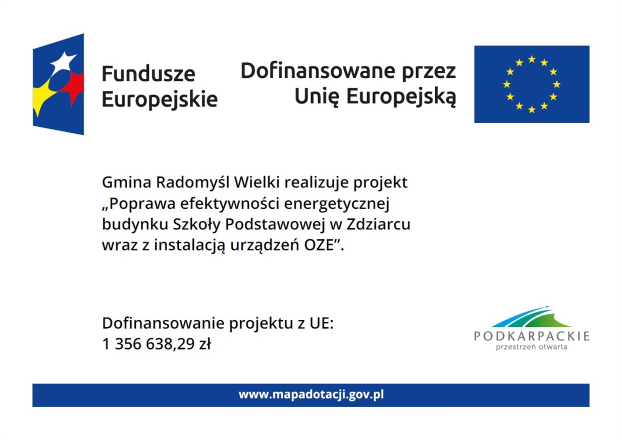 Tablica informacyjno-promocyjna projektu „Poprawa efektywności energetycznej budynku Szkoły Podstawowej w Zdziarcu wraz z instalacją urządzeń OZE”.