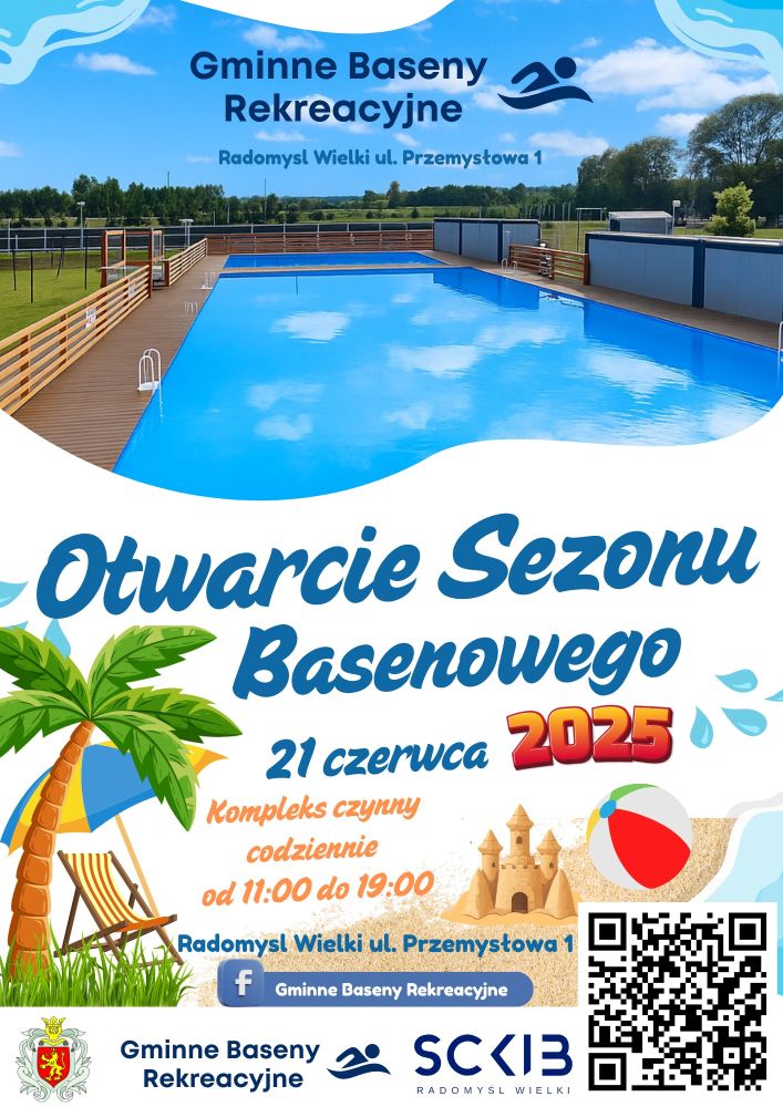 Plakat informujący o otwarciu sezonu basenowego w Radomyślu Wielkim 21 czerwca, o godz. 11:00. Na zdjęciu baseny w Radomyślu Wlk.