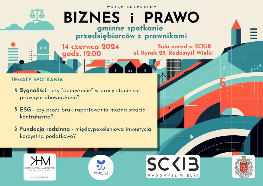 Plakat promujący spotkanie prawników z przedsiębiorcami.
