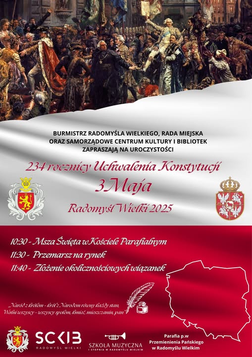 Plakat informujacy o gminnych obchodach 234. rocznicy uchwalenia Konstytucji 3 Maja.