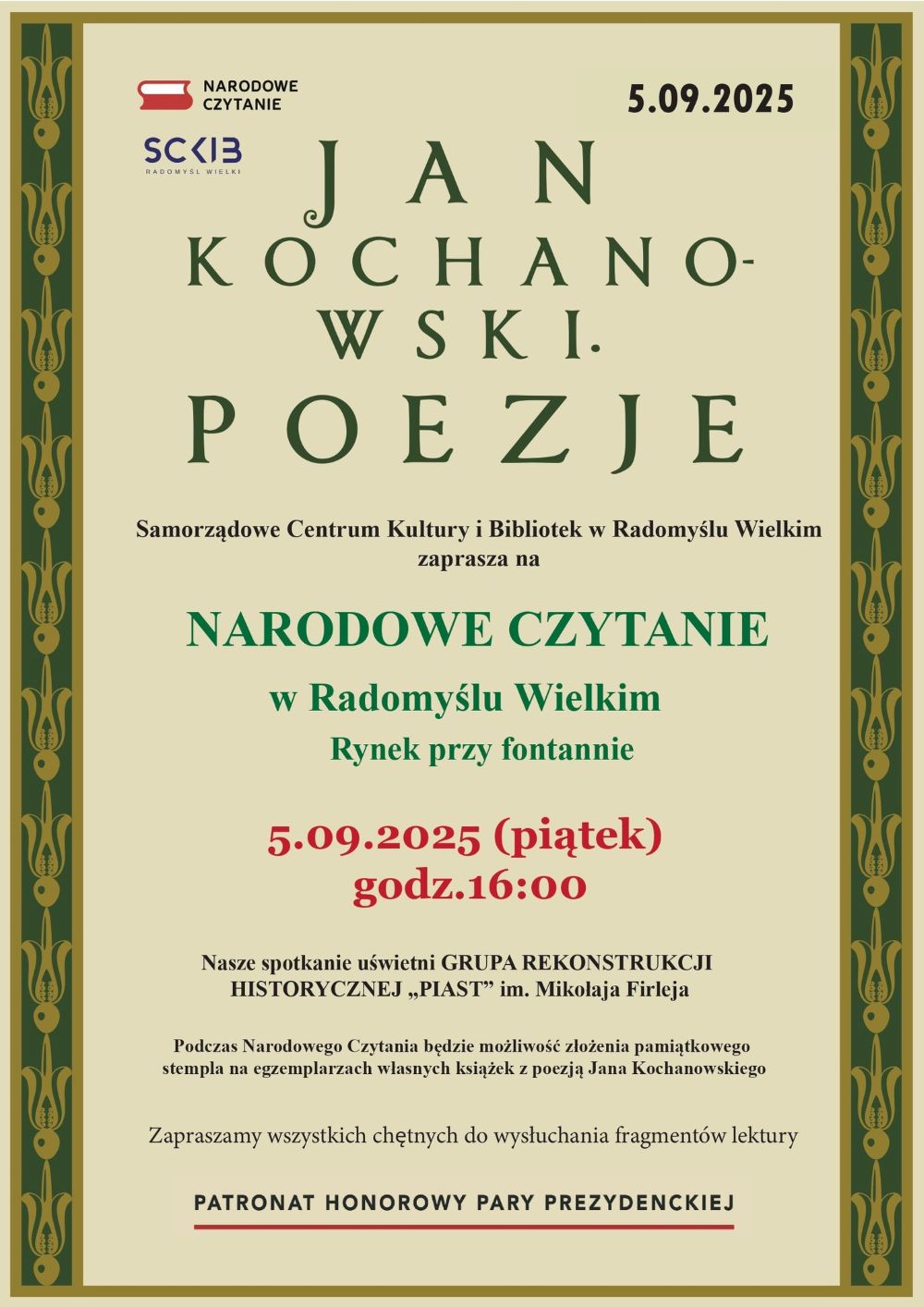 Plakat informujacy o Narodowym Czytaniu, które odbędzie się 5 września 2025 r. w Radomyslu Wielkim.
