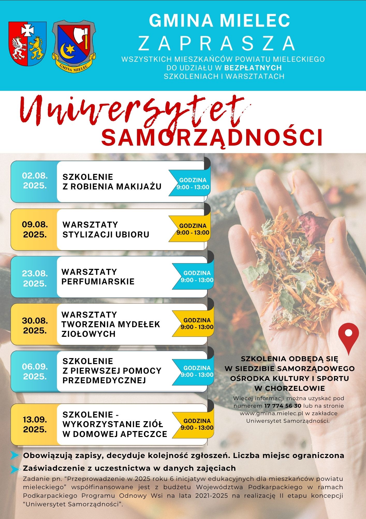 Plakat informujący o szkoleniach i warsztatach